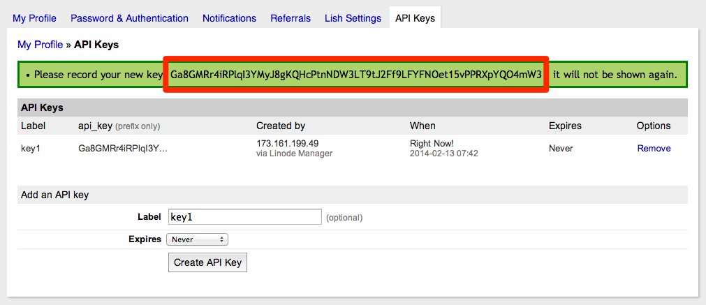 Copy the API key that appears at the top of the page.